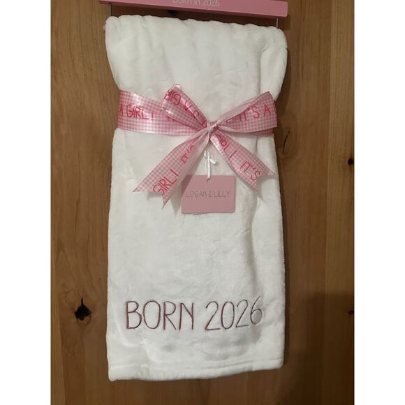 Logan & Lilly Born in 2026 White Baby Blanket with Pink Embroidery 30"x40" NWT - Picture 1 of 4